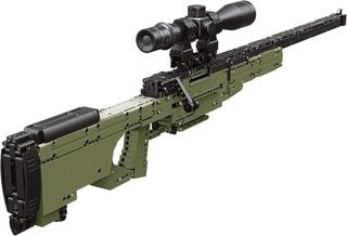 Caliber Gourmet Building Blocks Sniper Rifle Toy with functional bolt-action handle, trigger, and scope.